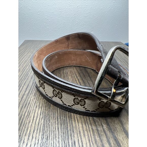 Gucci GG Canvas Mono Leather Palladium Silver Buckle Belt Brown Sz 34 - Picture 6 of 11